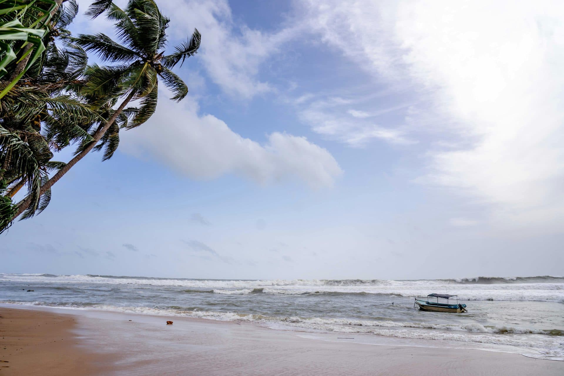 Sri Lankan beach with palm trees, golden sand, waves, and a boat on the shore